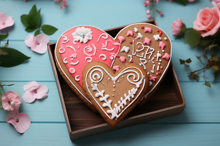 精致心形粉色花朵与心形饼干的甜蜜礼盒背景