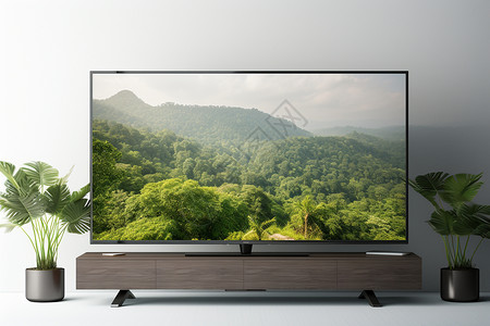 电视边上有一颗树客厅中的大尺寸液晶电视背景