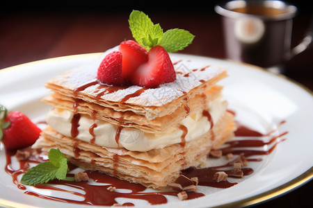 餐盘中的草莓拿破仑蛋糕背景图片