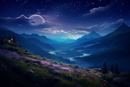 别墅月亮山林户外梦幻的星空设计图片