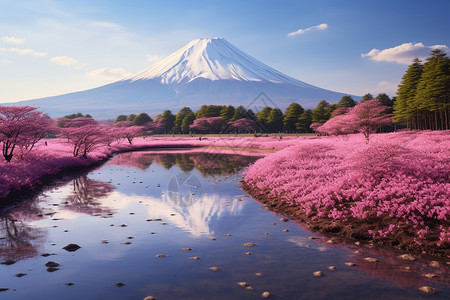 春季富士山下的樱花园图片