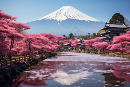 富士山下盛开的樱花公园图片