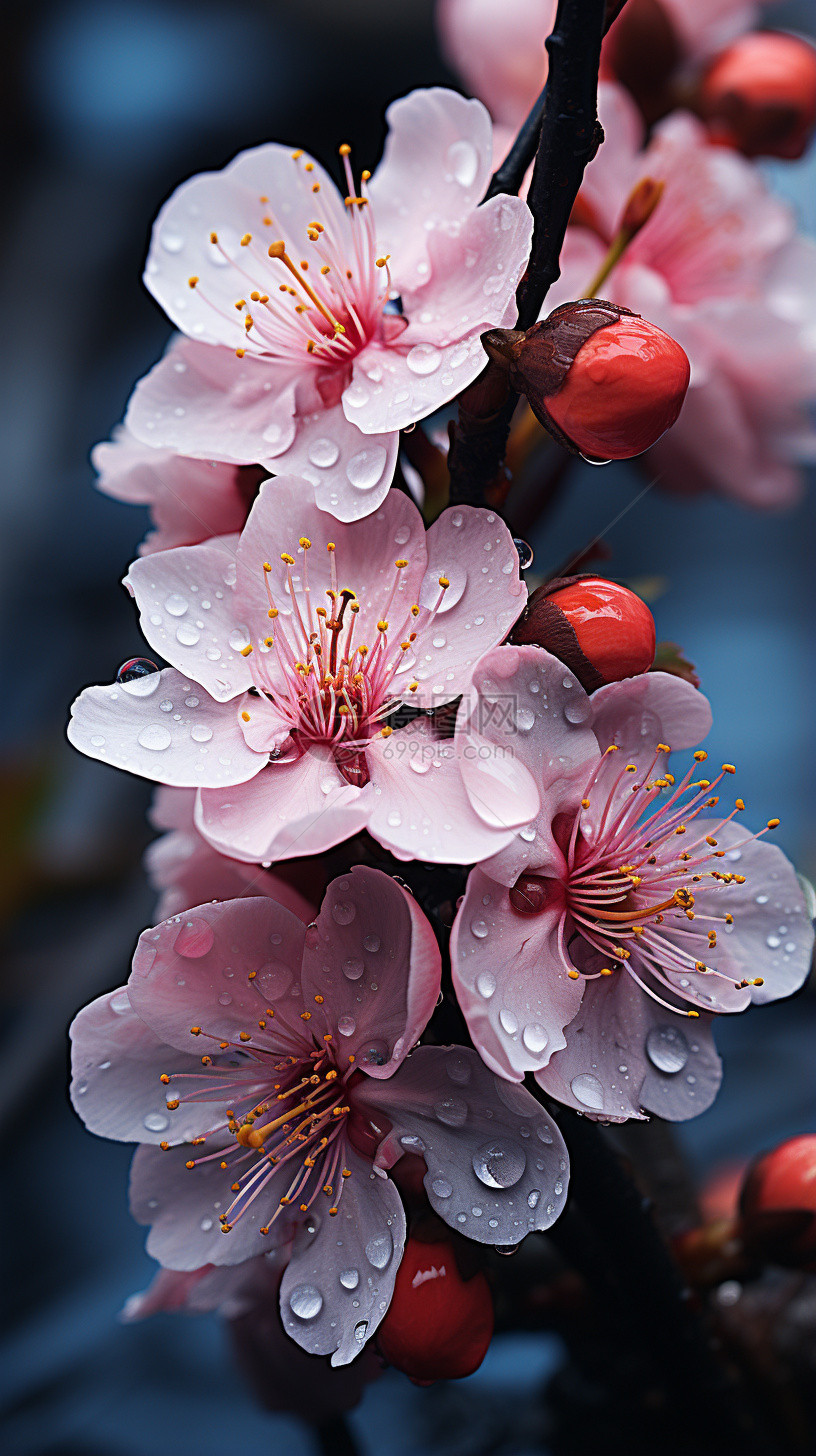 粉色桃花上的水滴图片