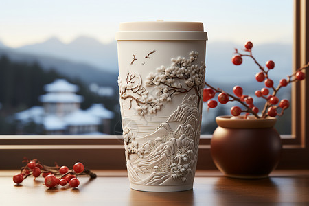 咖啡浆果古典风景画的杯子设计图片