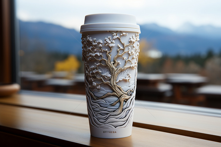 咖啡与山水画图片