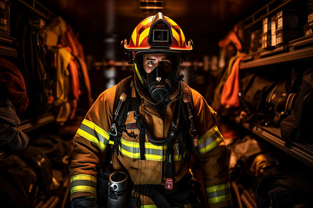 消防装备消防员穿着头盔和防毒面具背景
