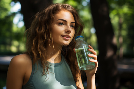 运动饮水瓶运动完喝水的女子背景