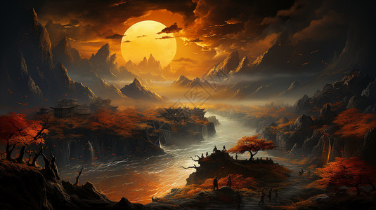 夕阳下的壮阔山河背景图片