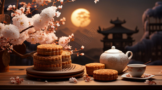 樱花饼干国风中秋月饼背景