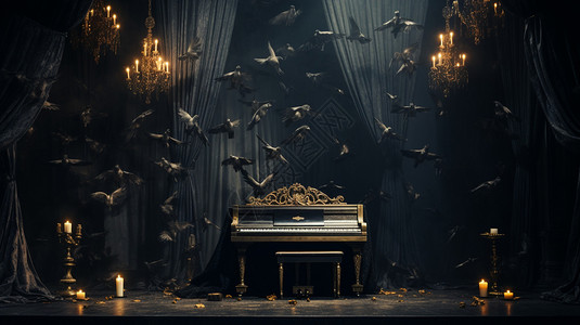 钢琴舞台猫头鹰扑克音符钢琴设计图片