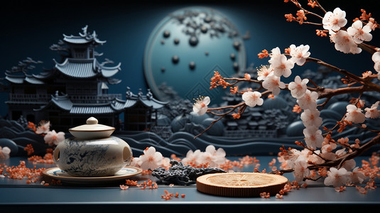 盖碗中冲泡的绿芽茶国风中秋节月光设计图片