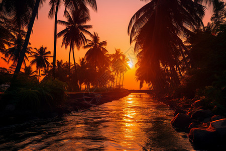 公园河景夜晚的棕榈树与河景夕阳背景