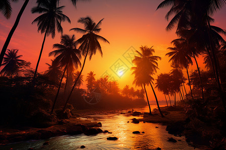 夕阳下的棕榈树和河水图片