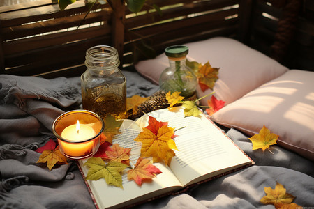 秋天床上的书本图片