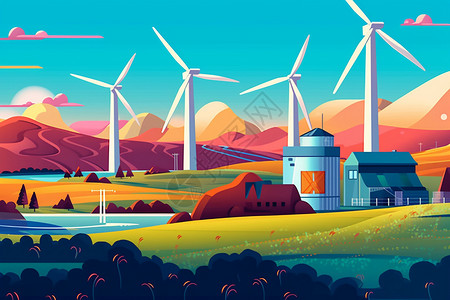 风力电站风力发电机平面图插画