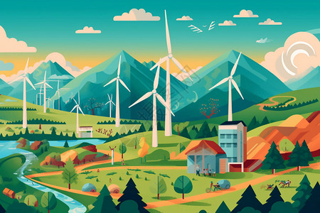 风力电站自然的新能源小镇插画