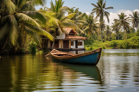 浮动小屋漂浮在河上的小船背景