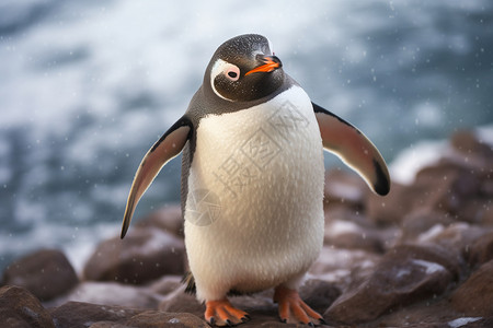 一只可爱企鹅企鹅衔海石背景