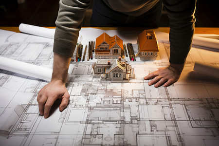 观察蓝图和模型的建筑设计师图片