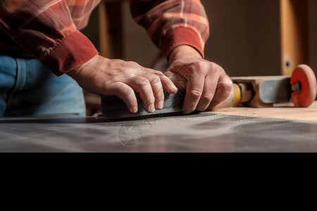 手工工人用砂纸打磨工具背景图片