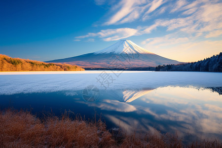 冬日富士山下的湖畔背景图片