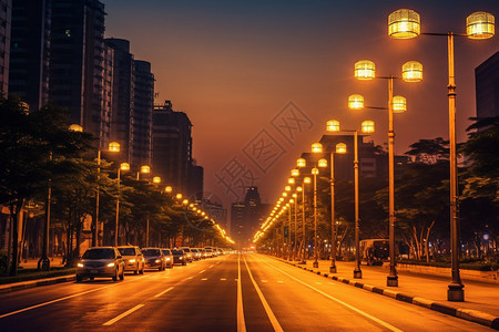 夜晚街道的路灯和汽车图片