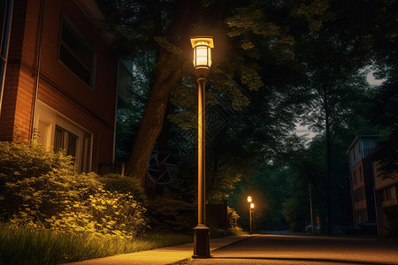 夜晚道路旁的路灯图片