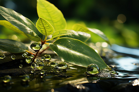 绿色透明素材水面上的水滴和植物背景