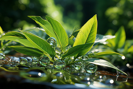 户外的液体露珠和植物背景图片