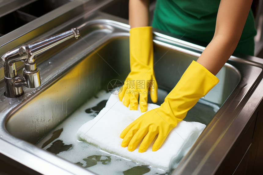 女人戴着手套擦洗水槽图片