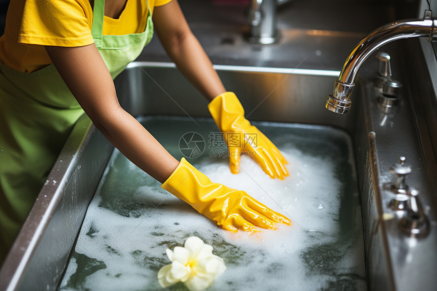 戴着手套在水池中洗碗的女人图片