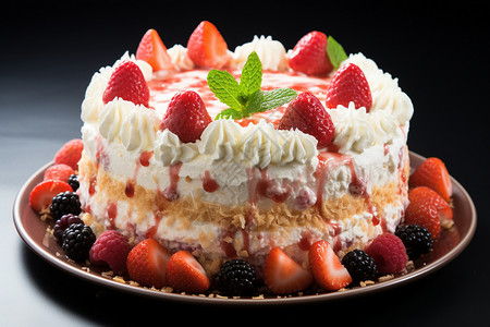 芝士蛋糕上的草莓高清图片