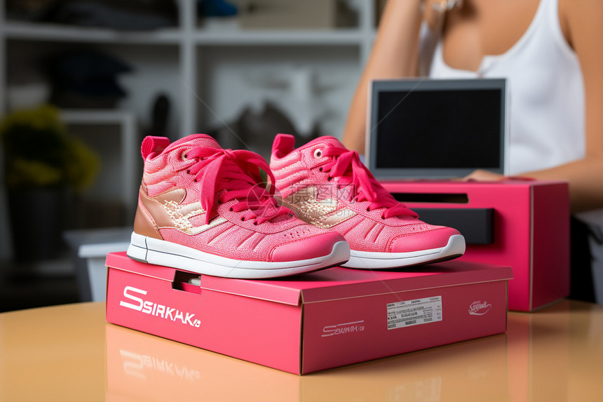 桌面上的粉色的运动鞋图片
