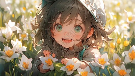 花丛里开心笑的女孩图片