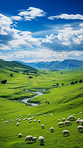 山草药蓝天下的放牧场背景