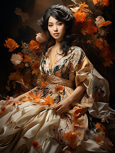 花色衣服穿着花色裙子的女模特背景