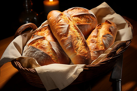 法式长棍面包篮子里的长棍面包背景
