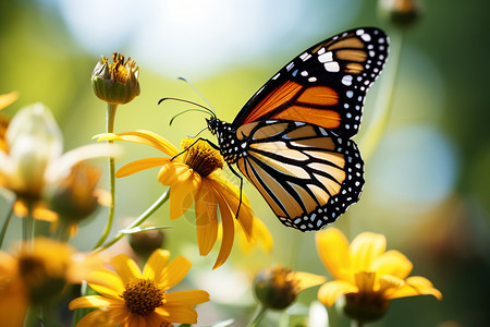 黄色飞舞蝴蝶蝴蝶停在鲜花上背景