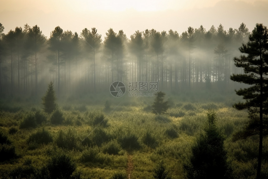 秋日的森林晨雾图片