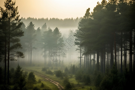 秋日晨曦：森林中的雾气和阳光图片