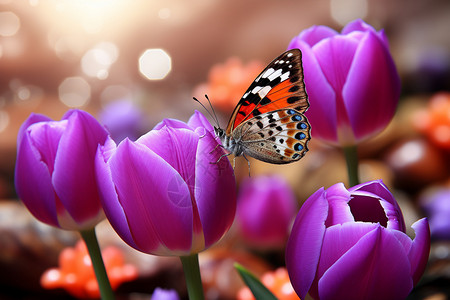 紫色花朵上的蝴蝶背景图片