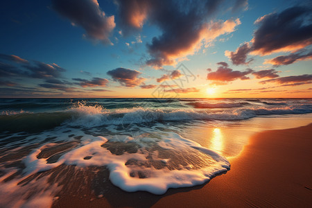 海浪夕阳沙滩图片