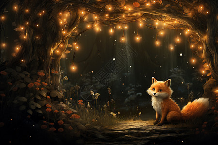 萤火虫围绕的小狐狸图片