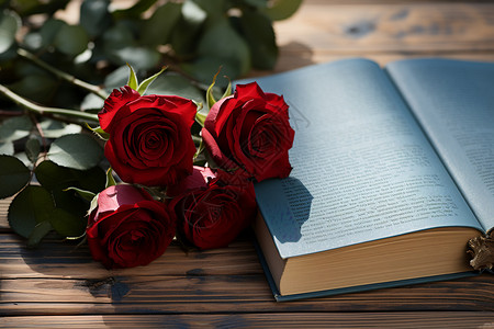 一本书和一束红玫瑰图片