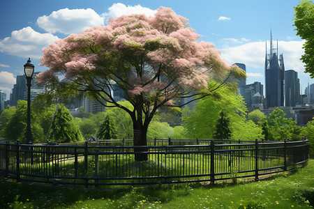 都市中的一棵粉色花树图片