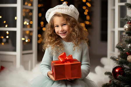 快乐圣诞微笑小女孩的节日礼物背景