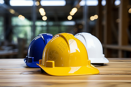 工人帽三顶工作帽在建筑大厅的木桌上背景