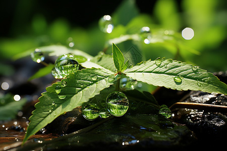 清新的绿叶和水滴图片