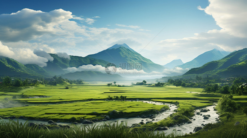 一片广阔的绿色稻田图片
