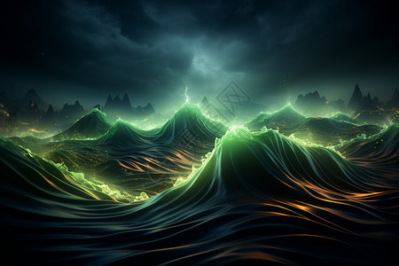 闪电风暴山抽象的绿色海浪壁纸设计图片